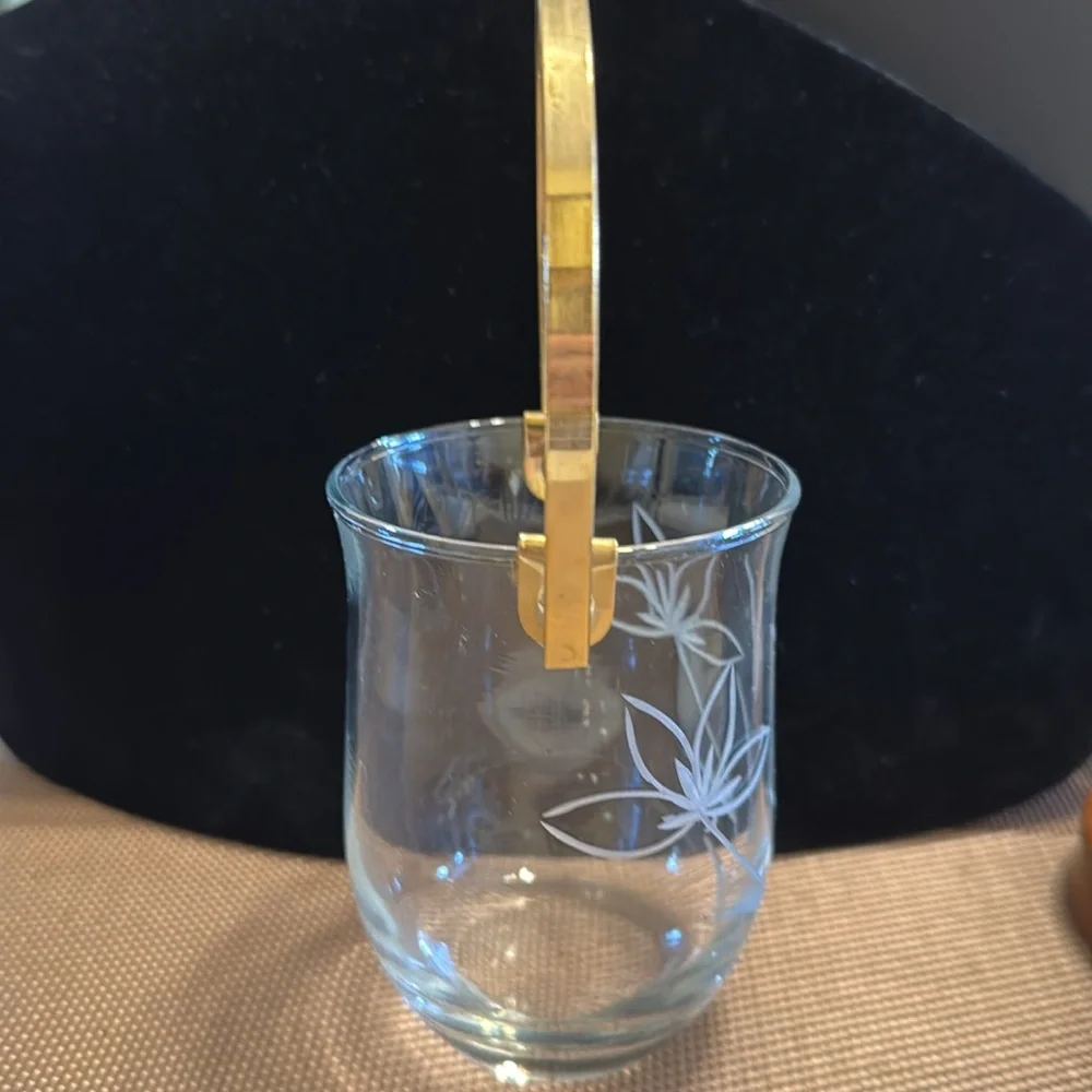 Vintage Italian etched crystal sugar cube bucket with gold tone handle & tongs
